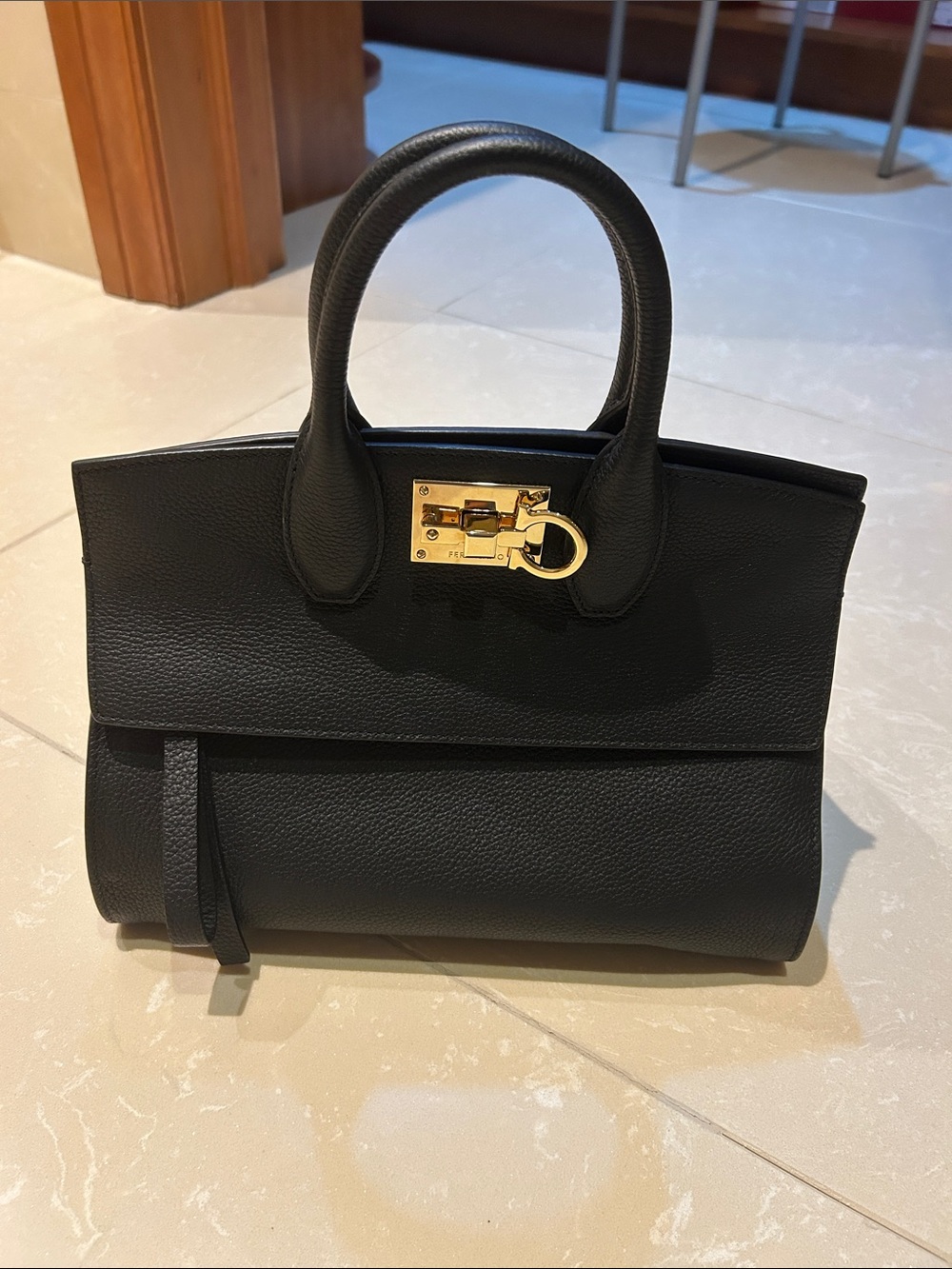 Ferragamo Black Leather Top-Handle Bag with Gold Hardware